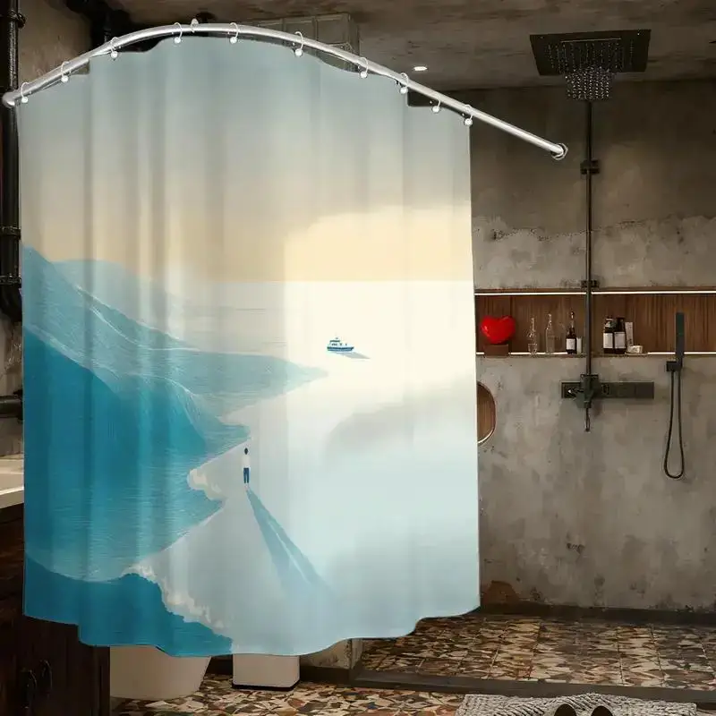 Minimalist Ocean Shower Curtain – Serene Wave, Lone Figure & Distant Boat, 12 Hooks,  Waterproof Modern Bathroom Decor
