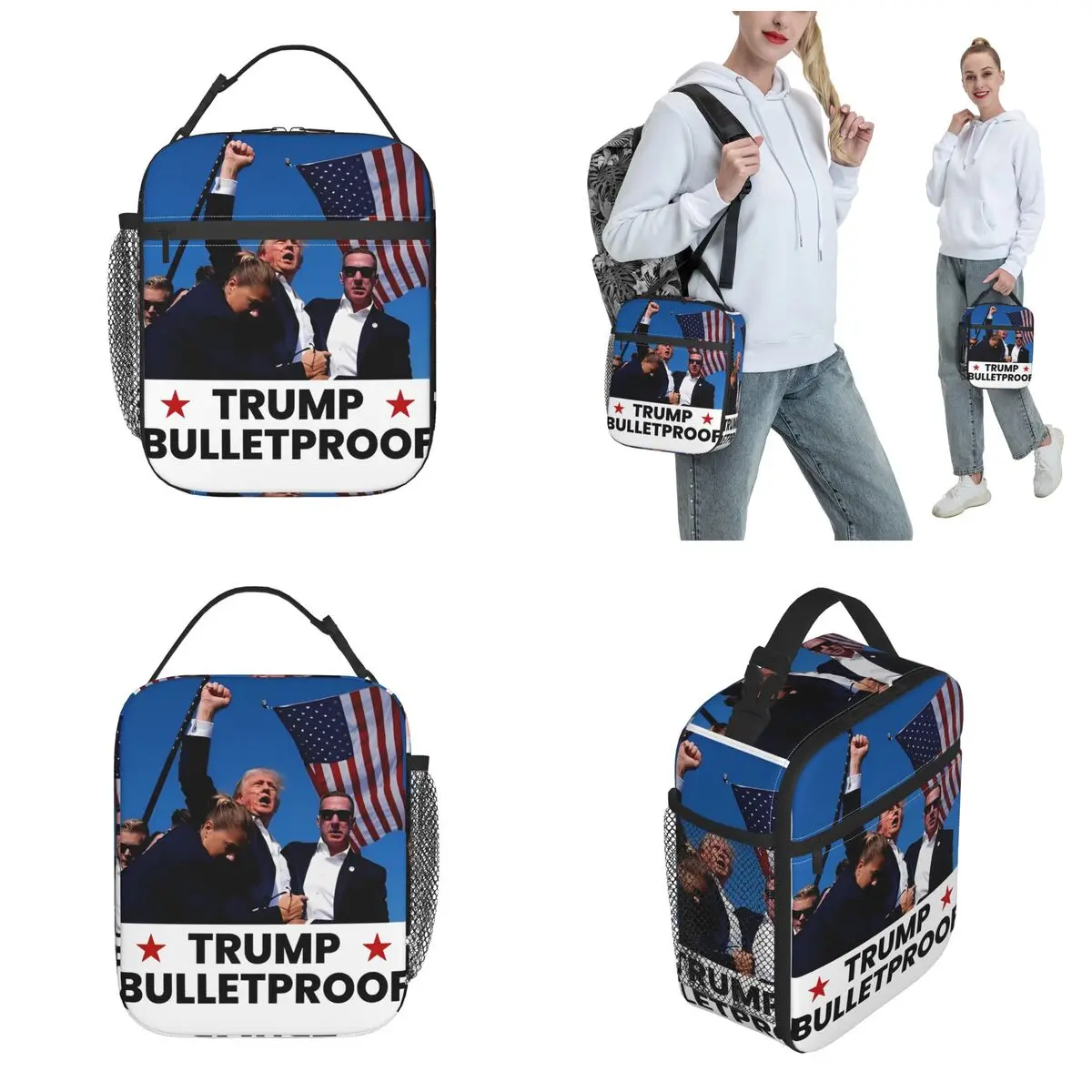 Trump Bulletproof 2024 Insulated Lunch Bags Fight For America Food Container Bags Portable Thermal Cooler Lunch Box For Travel