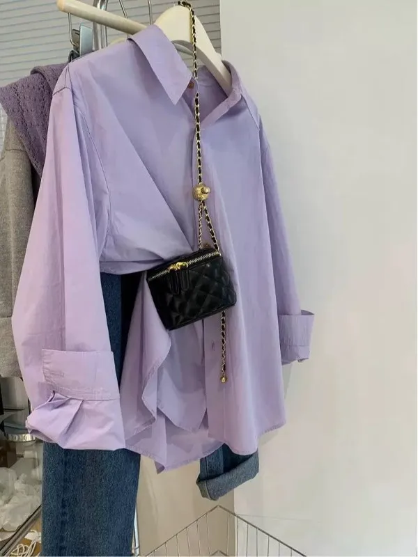 

Lilac irt Women's Loose Casual Inner Wear Layering Outerwear Korean Sle Spring New Design Straight Tube Long Sve Button