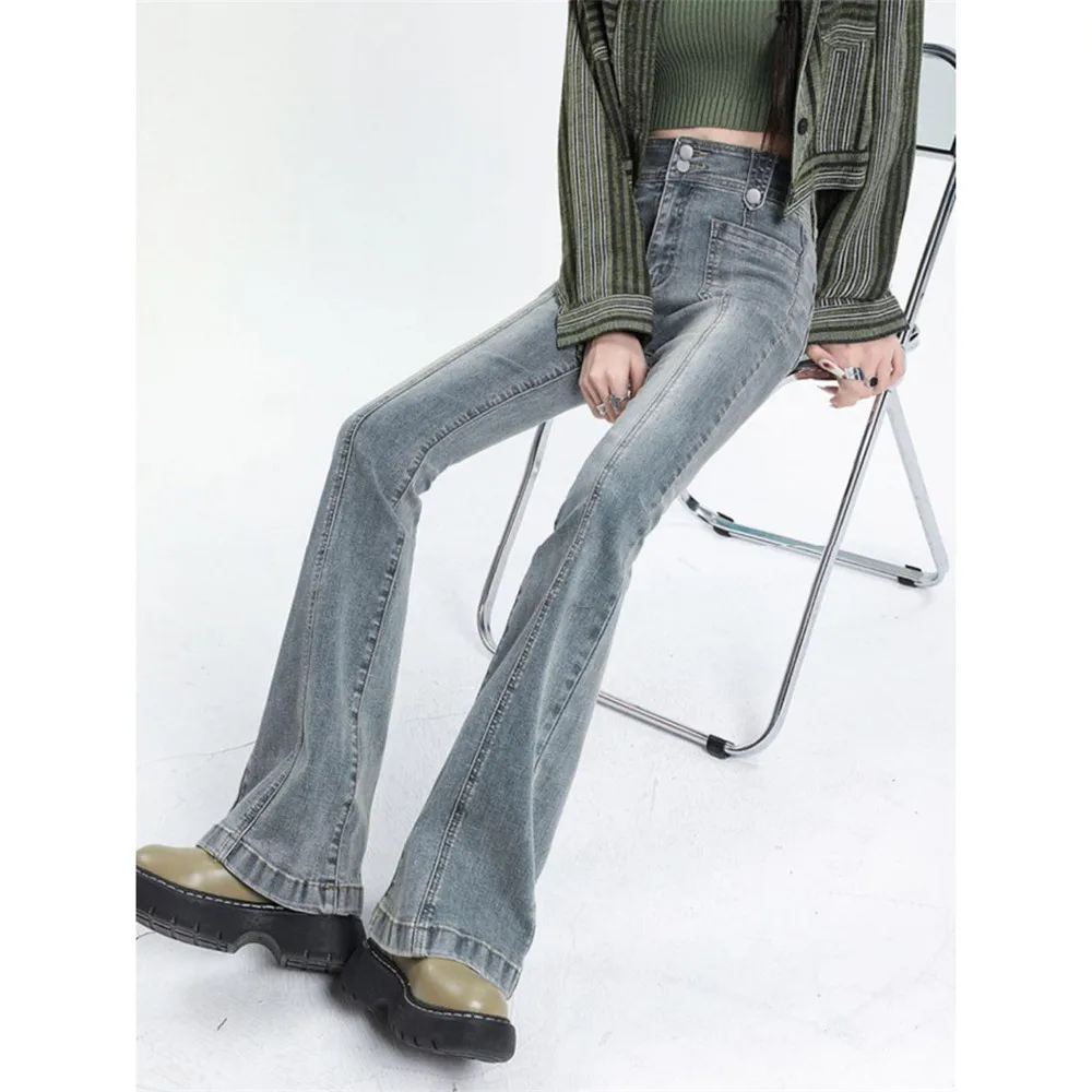 Flared Jeans Woman Vintage High Waist Women Slim Stretch Denim Tight Pant Korean Street Style Casual Trousers Y2K Plus Length