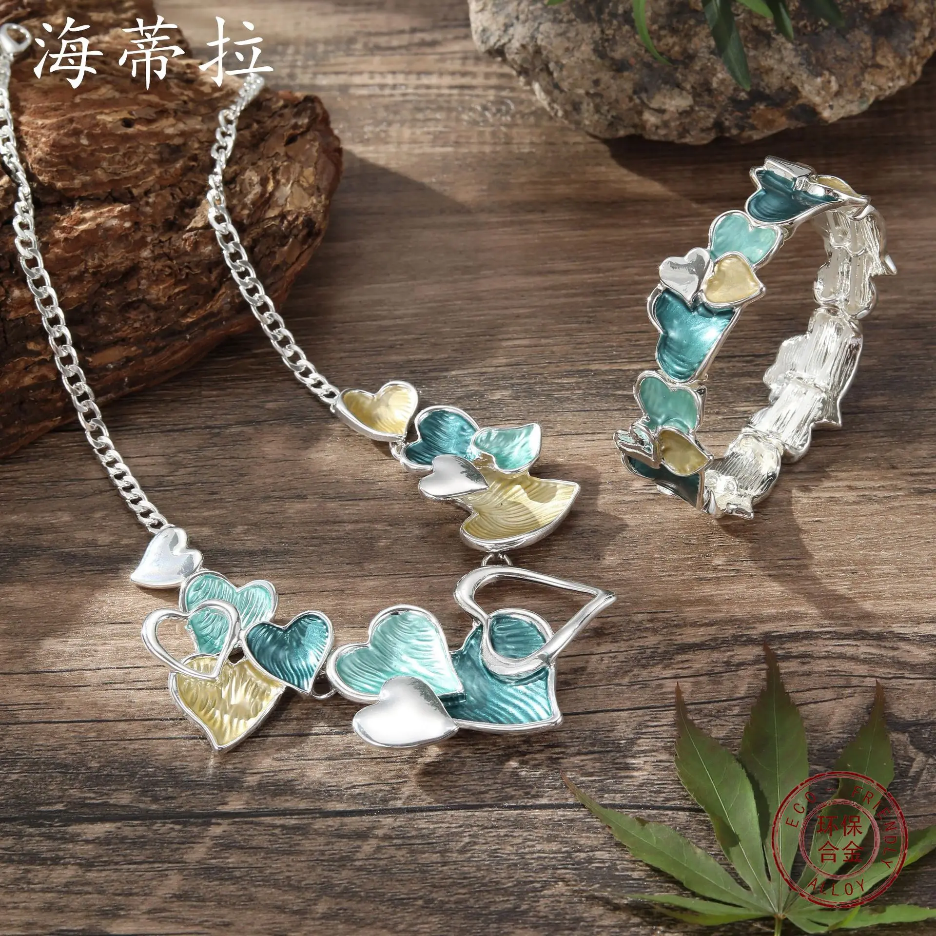 hot-selling color painting oil hollow love bracelet necklace set, girlfriend versatile love bracelet necklace