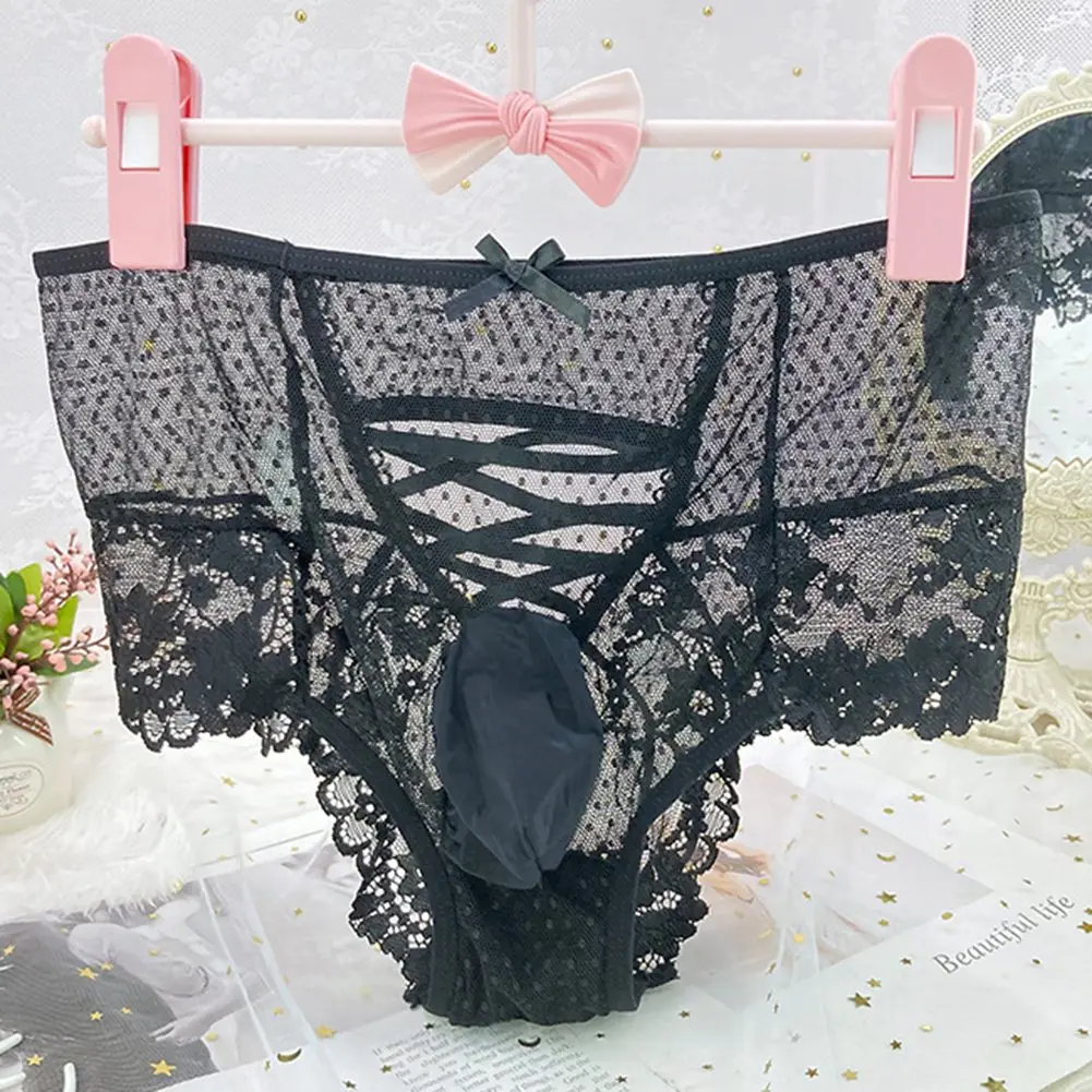 Sexy Mens Ultra Thin Lace See Through Briefs Dick Pouch Sissy Panties Middle Waist Bandage Hollow Out Underpants Erotic Lingerie