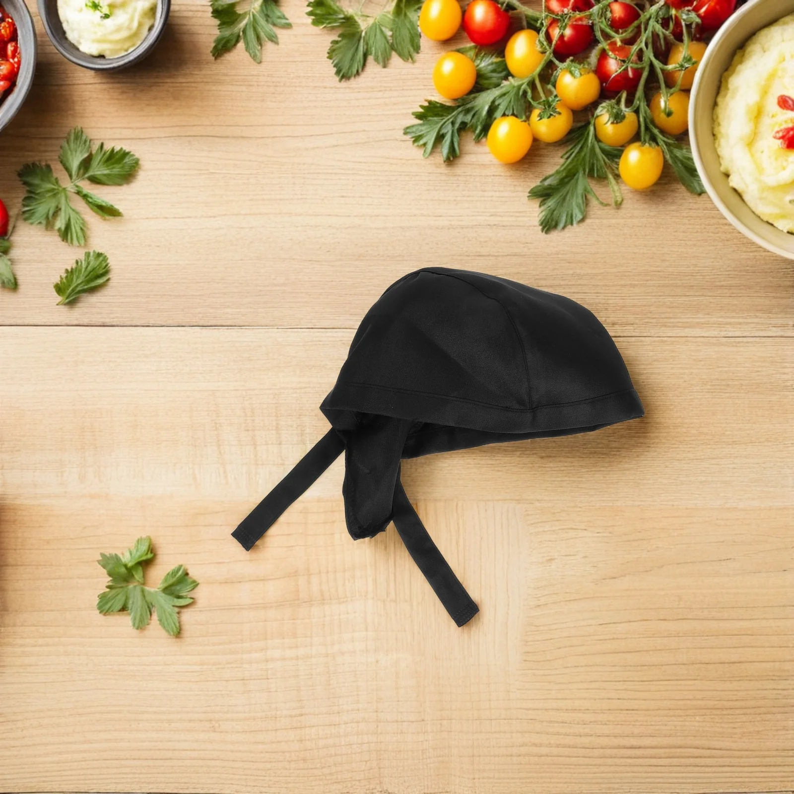 

Black Chef Hat 3 Pcs Set Turban Style Cooking Cap for Kitchen Workers Catering Service BBQ Uniform Hairnet with Ribbon New