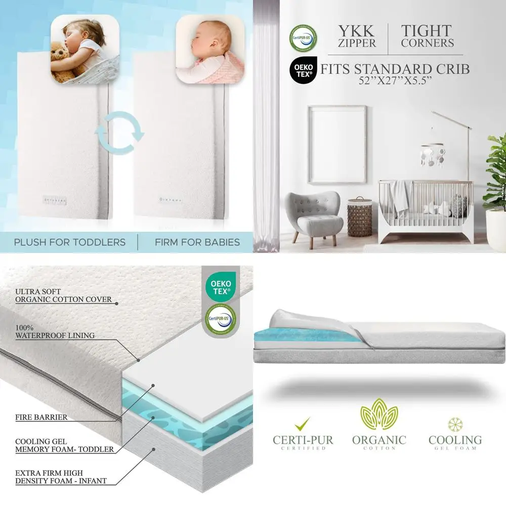 

Гипоаллергенный двухслойный матрас для детской кроватки из органического хлопка с гелевым охлаждением, водонепроницаемым и моющимся чехлом, 52x27.5x5.5