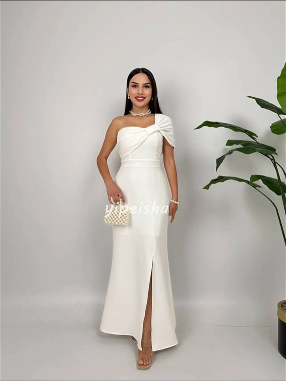 Customized Fashion Simple Jersey Ruched Pleat A-line One-shoulder Midi Dresses Bespoke Occasion Dresses Sizes Available Elegant