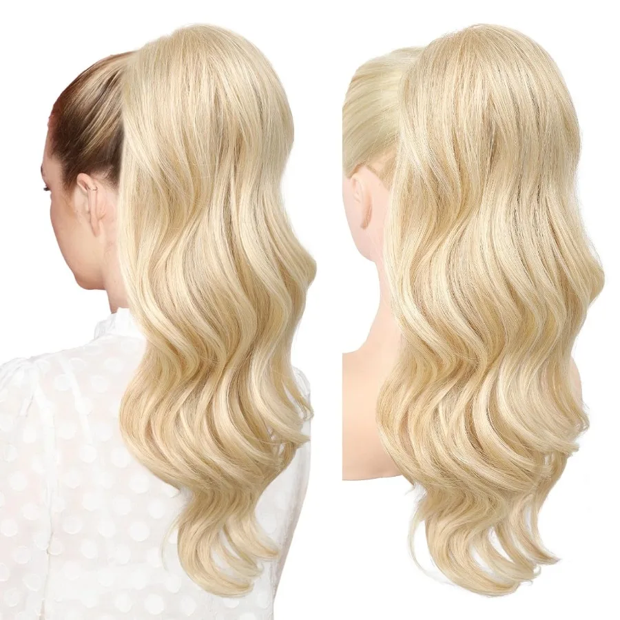 女性用ドローストリング付きロングウェーブポニーテールエクステンション-22インチ-ナチュラルな見た目の合成ヘアピース-ブロンドのハイライト付き-理想的