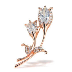 Silver Color Rhinestone Flower Pins for Women Shiny Rose Gold Plated Brooches Event Party Backpack Decoration Clothes Accessorie