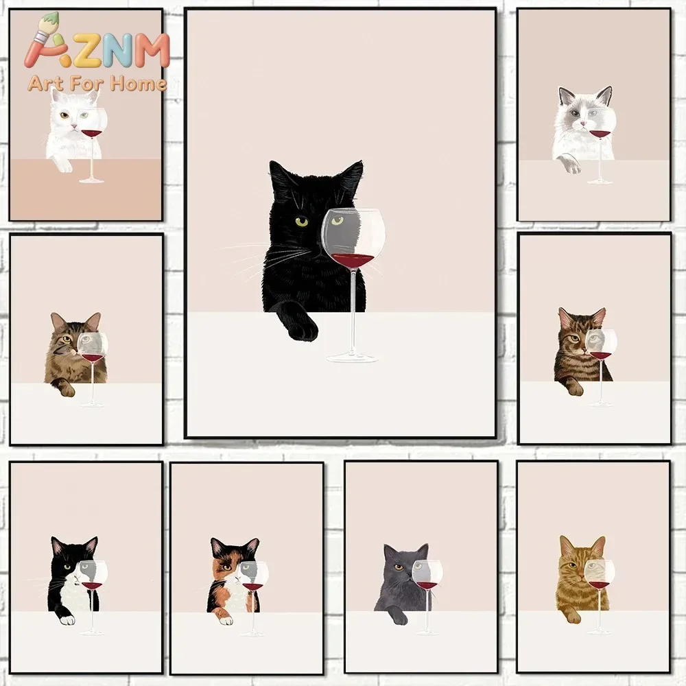 Lustige Schwarz-Weiß-Katzen Rotwein-Poster und Drucke Leinwandgemälde Katzenliebhaber Wandkunst Bilder für Wohnzimmer Küche Heimdekoration