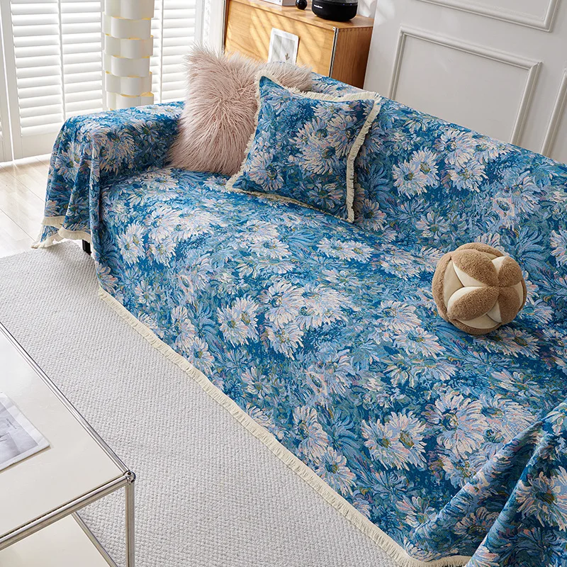 Summer Retro Cotton Linen Jacquard Universal Sofa Cover Blue Yarn-Dyed One-Piece Sofa Cover Antislip Sofa Towel Blankets