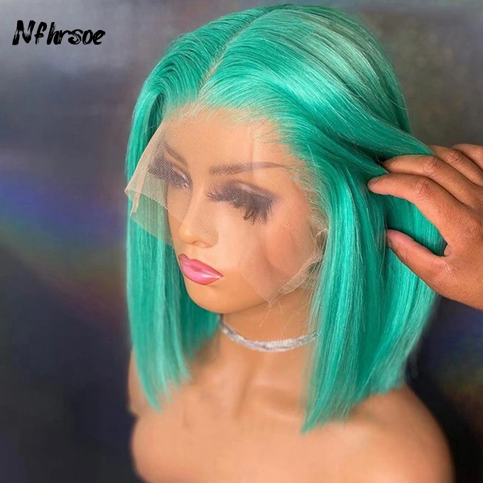 

Transparent Lace Frontal Wig Cosplay 13x4 Bright Green Straight Short Bob Brazilian Colored Human Hair Wig For Women Pre Plucked