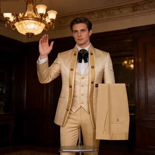 Imagen 1 del producto Traje de lana de 3 piezas estilo Chinatown ajustado sin cuello para hombre, Terno Masculino Formal de negocios para boda