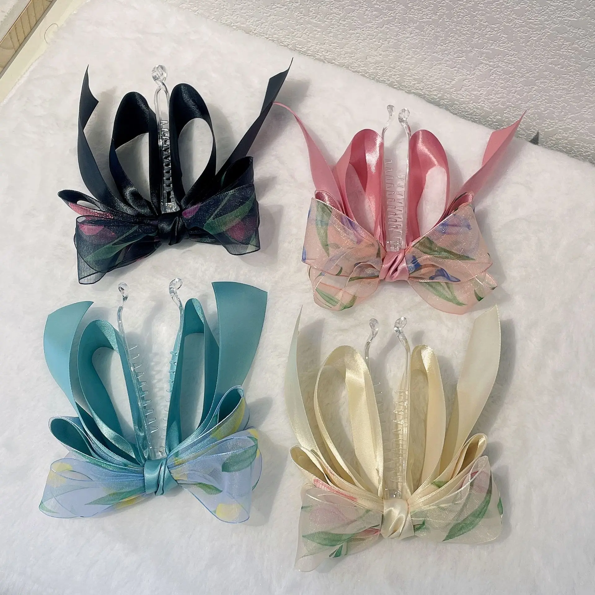 Butterfly Banana Clips for Women, Sweet Tulip Ribbon Hair Pins with Three Layers of Bows,Lazy Hair Clips for Adult High Ponytail