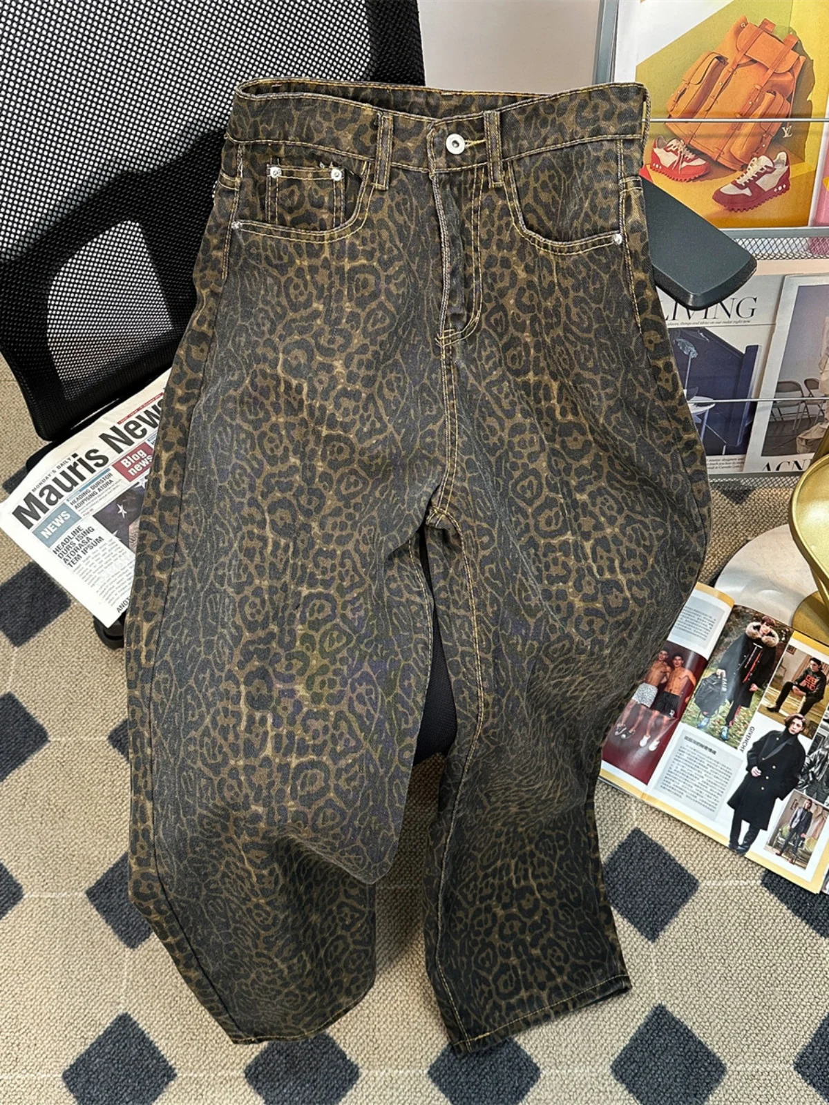 

American Retro Leopard Print Men's Jeans Casual Straight Leg Workwear Pants High Street Wide Leg Trendy Brand Jeans