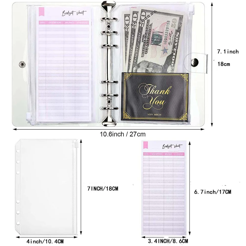 2025 A6 Binder Budget PU Leather PlannerPockets Expense Budget Sheets Notebook Cash Envelope Organizer System with Clear Zipper