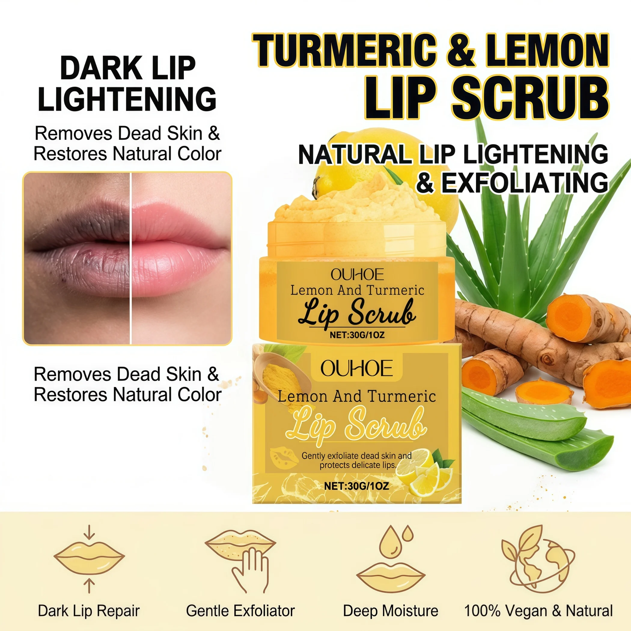 Turmeric Lemon Lip Scrub,Turmeric Anti Pigmentation&Lemon Vitamin C Powerful Brightening,Aloe Vera Deep Soothing&Moisturizing,Gentle Physical&Plant Exfoliation, Remove Dead Skin&Clean,Cruelty Free Beauty