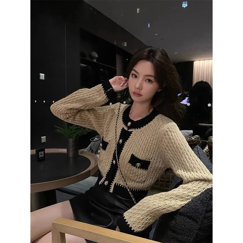 MEXZT Cropped Cardigan Women Vintage Patchwork Knitted Sweater Korean Elegant Button Slim Knitwear Coats Autumn Casual Jumpers