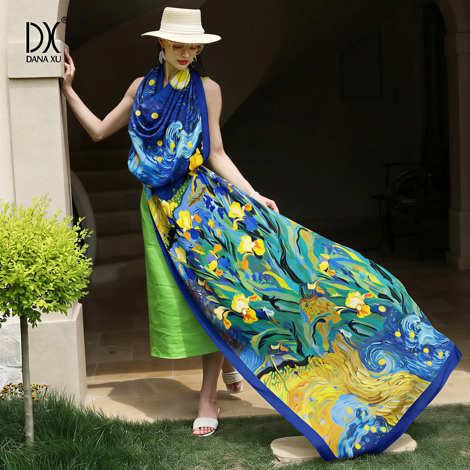 DANA XU 100% Mulberry Silk Scarf Women Starry Iris Oil Painting Large Satin Shawl Wrap Foulard Neck Wrap Beach Cover Up Gift For