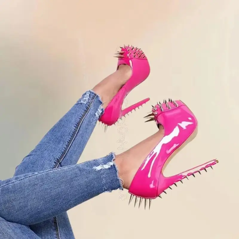 

Rose Red Spikes Decor Patent leather Platform Pumps Slip On Women Shoes Thin High Heels Round Toe Party 2026 Zapatos Para Mujere