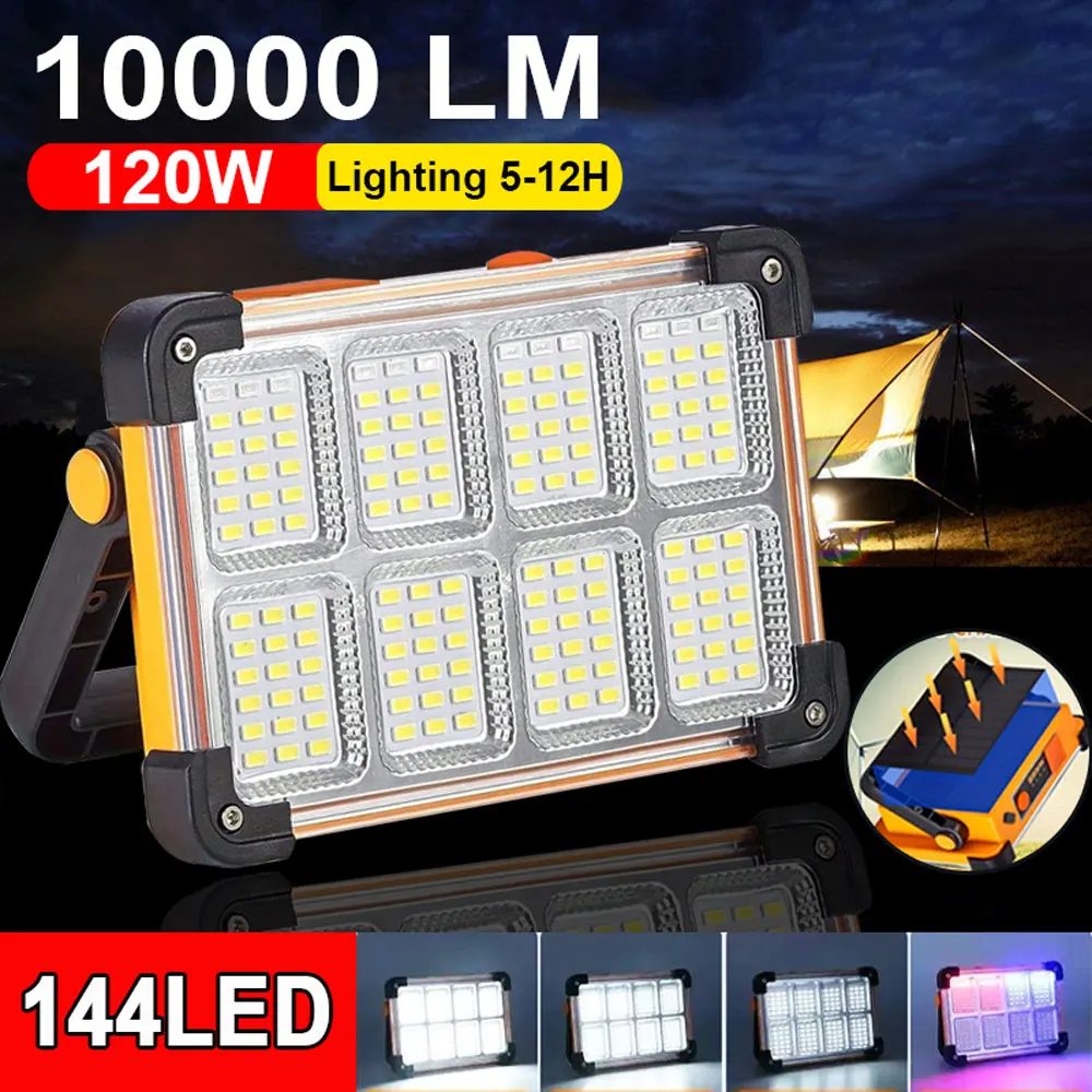 

144 LED 10000 лм Перезаряжаемый солнечный прожектор для улицы, портативный светодиодный рефлектор, прожектор-проектор, строительная лампа
