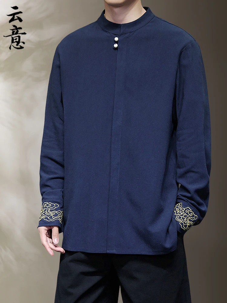 

Мужская льняная рубашка с длинным рукавом, вышитая, в китайском стиле Тан, ретро, из хлопка и льна, с воротником-стойкой, в стиле Чжунган, дышащая.