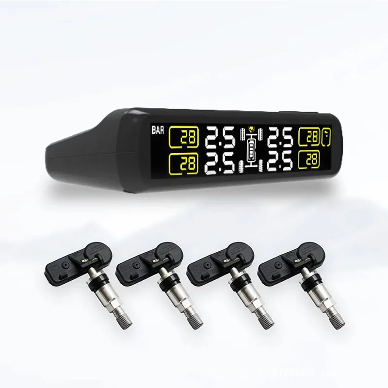 Solar-powered Tire Pressure Monitor with Built-in and External Pressure and Temperature Display Sensors
