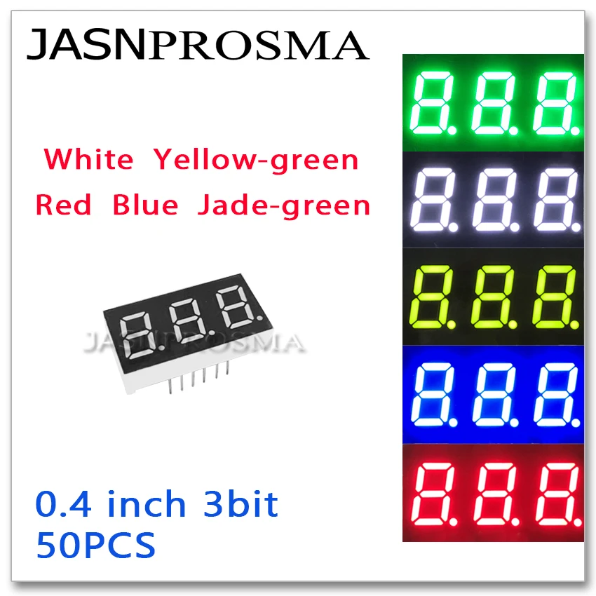 JASNPROSMA 50PCS 0.4 นิ้ว 3 บิตหลักหลอดสีแดงสีฟ้าสีขาวหยกสีเหลืองสีเขียวแคโทดทั่วไป Anode จอแสดงผล LED 0.4 นิ้ว 7 Segment