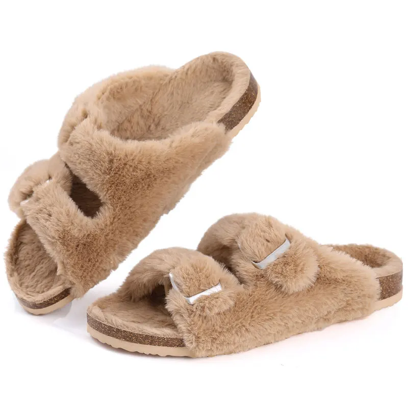 Gacimy Classic Cork Slippers For Women Four Season Soft Fur Outdoor Slippers With Adjustable Buckles Fashion Ladies Flats Shoes