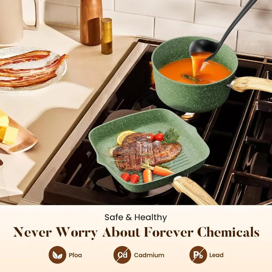 17 قطعة طقم أواني طهي التعريفي مع صينية للمطبخ المنزلي استخدام الجرانيت الأخضر أواني ومقالي غير لاصقة مجموعة صحية غير لاصقة