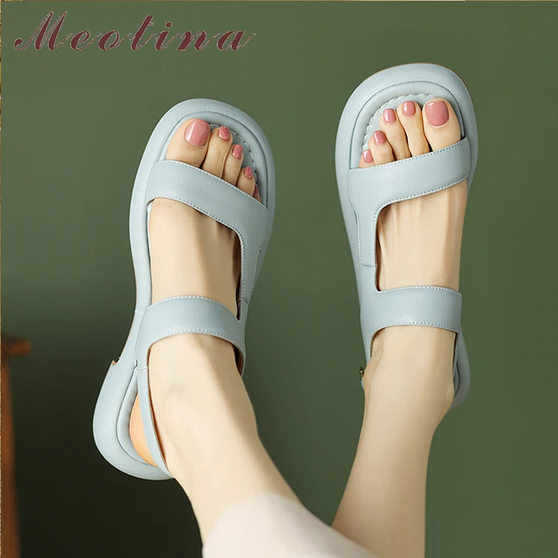 Meotina Women Genuine Leather Sandals Round Toe Platform Flats Sheepskin Buckle Concise Ladies Casual Shoes Summer Beige Blue