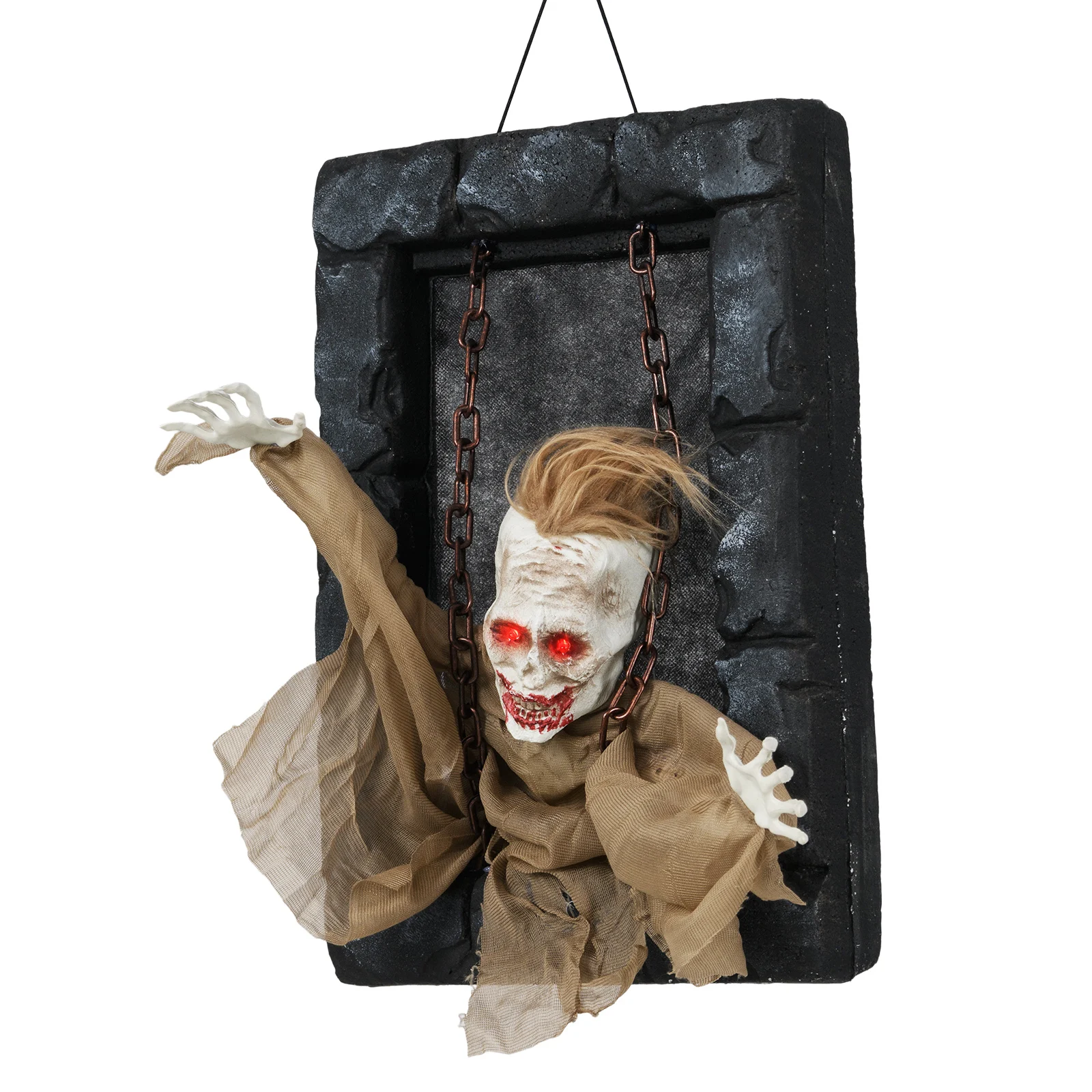 

Хэллоуин висит анимированное украшение заключенного зомби, звуковая дверная вешалка со светящимися глазами, использование в помещении и на открытом воздухе