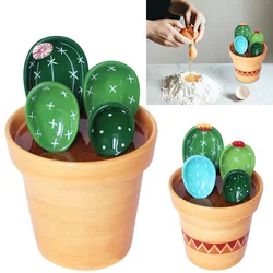 4Pcs Porcelain Measuring Spoons Set with Base Cute Cactus Shape Stirring Soup Spoon Ceramic Flower Pot Measuring Spoon