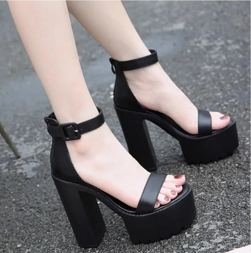 Summer Women Sandals Platform Party Pumps PU 14CM Square Heel Summer Buckle Strap One Character Strip Model Show Women Shoes