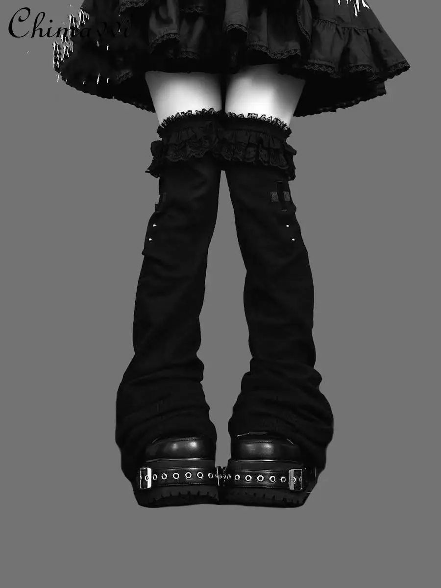 Dark Girls Patchwork Lolita Lace Wide Leg Socks Japanese Mine Series Cross Subculture Leg Warmer Gothic Y2K Thigh High Socks