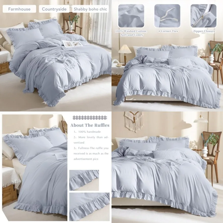 

Ruffle Duvet Cover Size Washed Cotton, 3pc Feel Farmhouse Shabby Vintage Ruffled Bedding Set French Country Rustic Comforter Co
