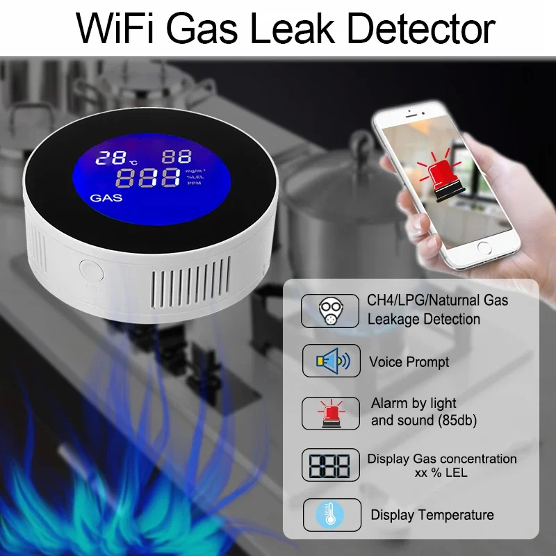 Tuya Wifi Smart Natural Gas Alarm Sensor Combustible Gas Leak Detector LCD Display Smart Life App Message Push Built-in speaker