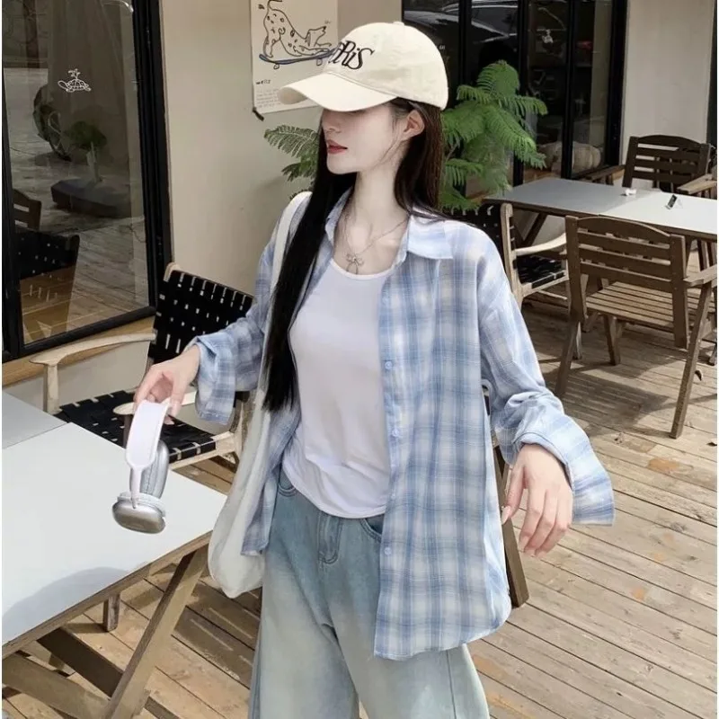 2025 Spring Summer Blue Plaid Sunscreen Shirts Sling Mini Denim Skirts 3 Piece Suits Women Fashion Bandage Skirts Tops Outfits