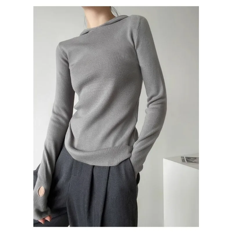 

Retro Hooded Sweater for Women Spring and Autumn Short Slim Fit Bottoming Soft Waxy Top