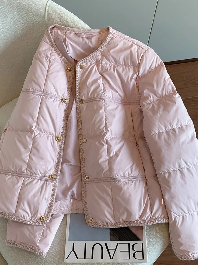 

Элегантная розовая хлопковая куртка с круглым вырезом для женщин: модная осенне-зимняя верхняя одежда, удобное хлопковое пальто для стильных повседневных образов