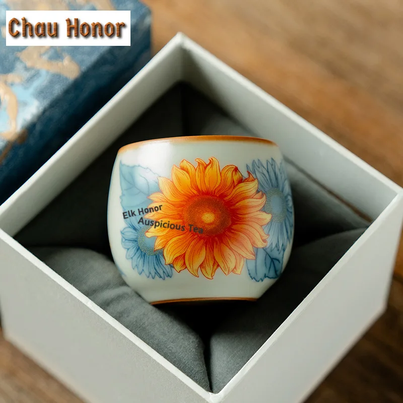 105ml Ru Kiln Sunflower Bouquet Mouth Teacup Ancient Tea Bowl Water Jug Tea-tasting Fragrance Cup Jianzhan Master Cups Drinkware