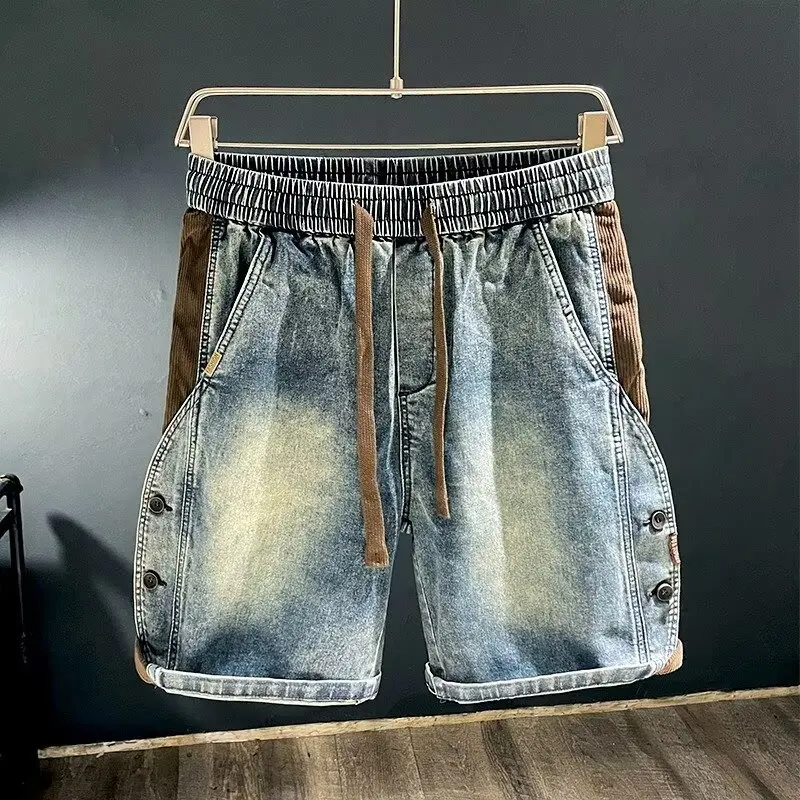 Summer Large Size 250 Pounds Hong Kong Style Retro Patchwork Button Men's Straight Leg Five-Point Workwear Shorts