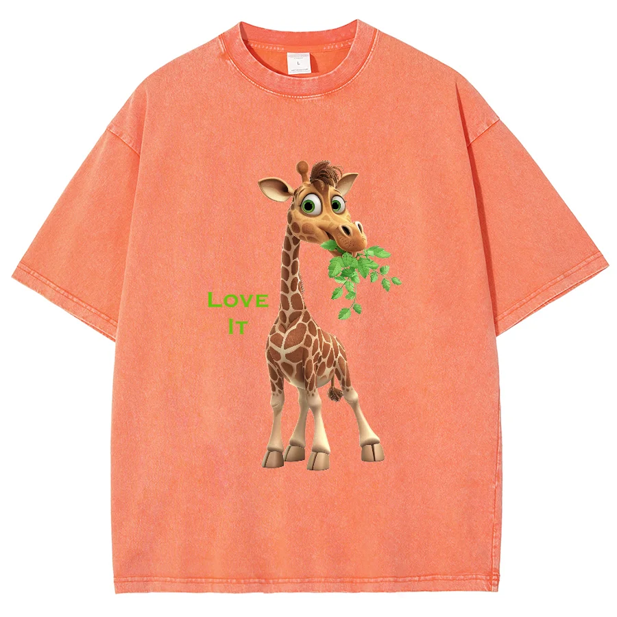 Cute Giraffe Eating Grass Print Ladies T-Shirt Neutral Wash Black Short Sleeve Oversized Loose Casual Everyday Tee