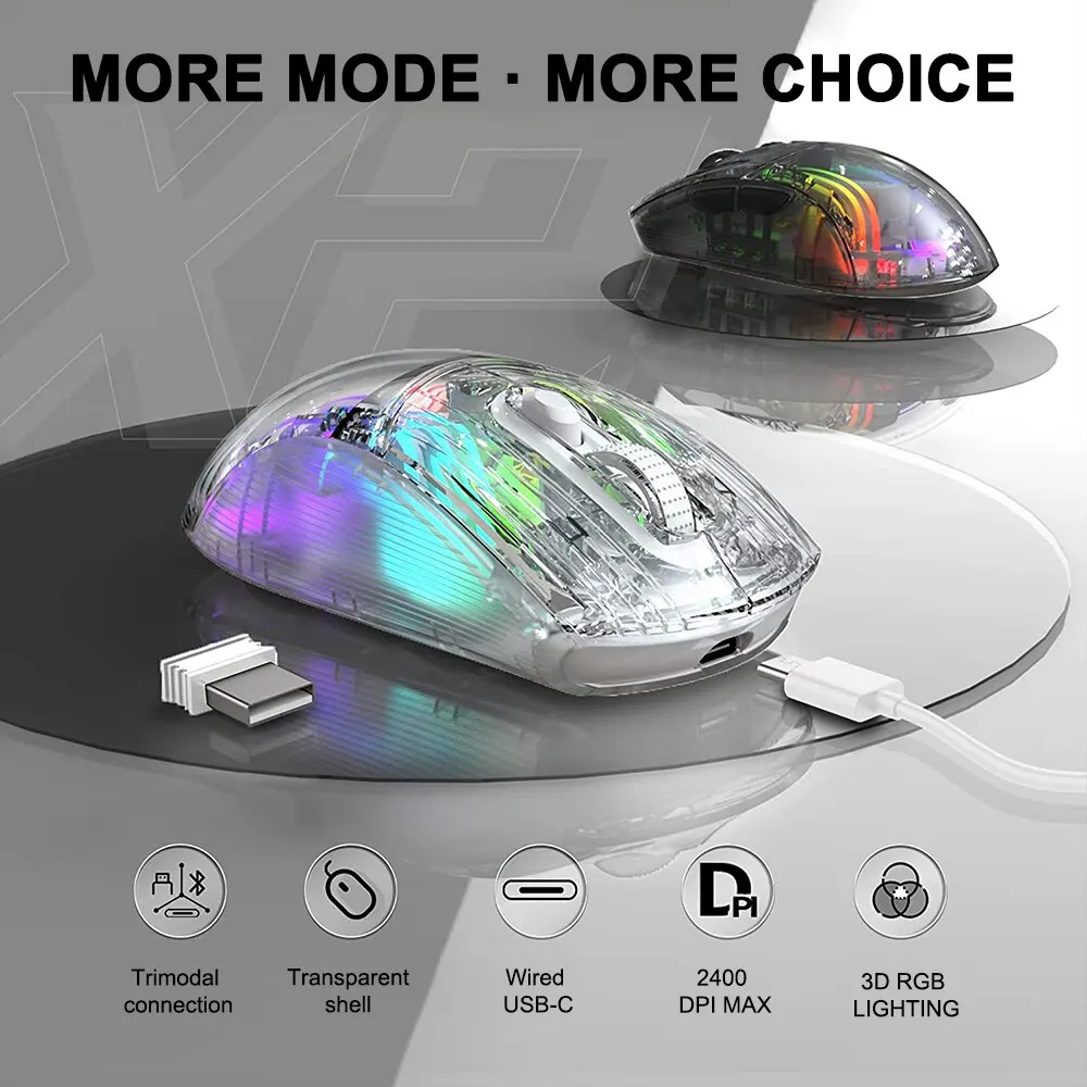 Bezprzewodowa mysz do gier przezroczysta podwójny tryb 2.4G Bluetooth 3D RGB podświetlany bezprzewodowy myszy komputerowe do laptopa PC Mac