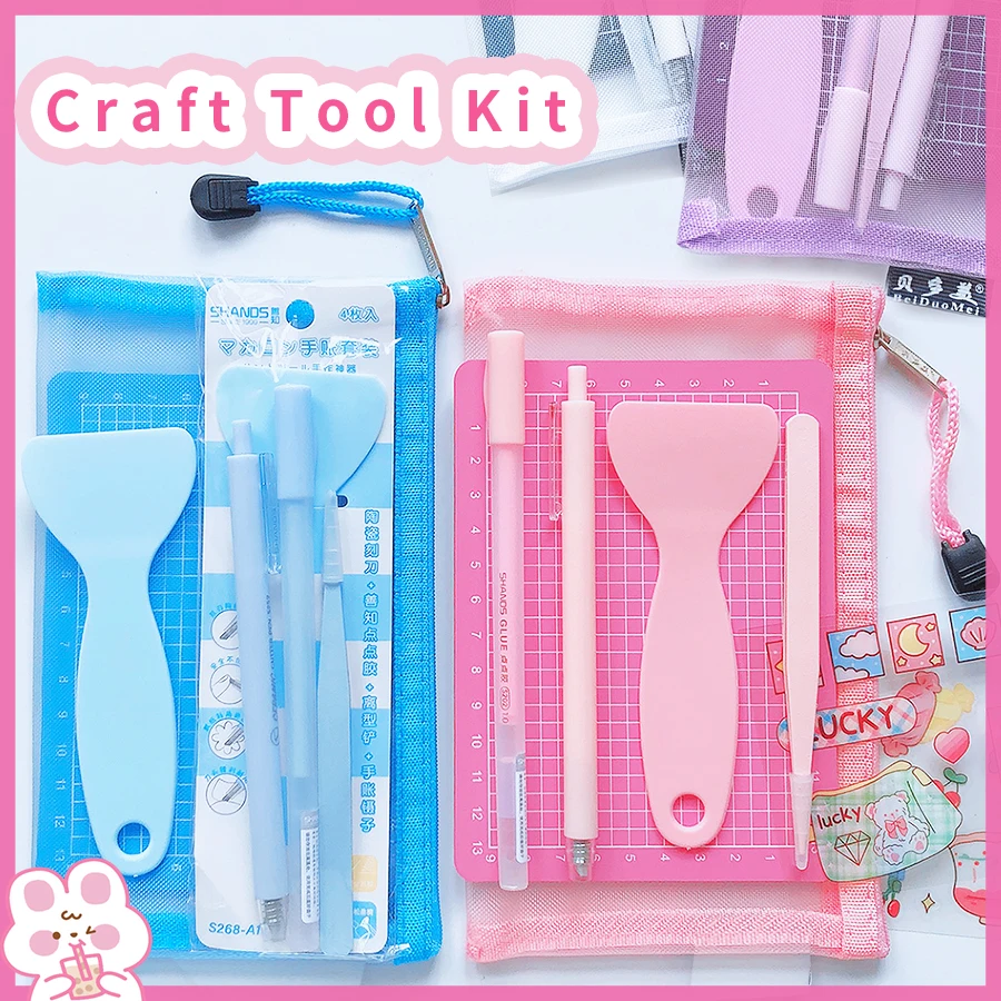 kawaii stationery Craft Tool Kit paper Utility Knife Tweezers Shovels Glue Pens art supplies cutting board mini cutting mat