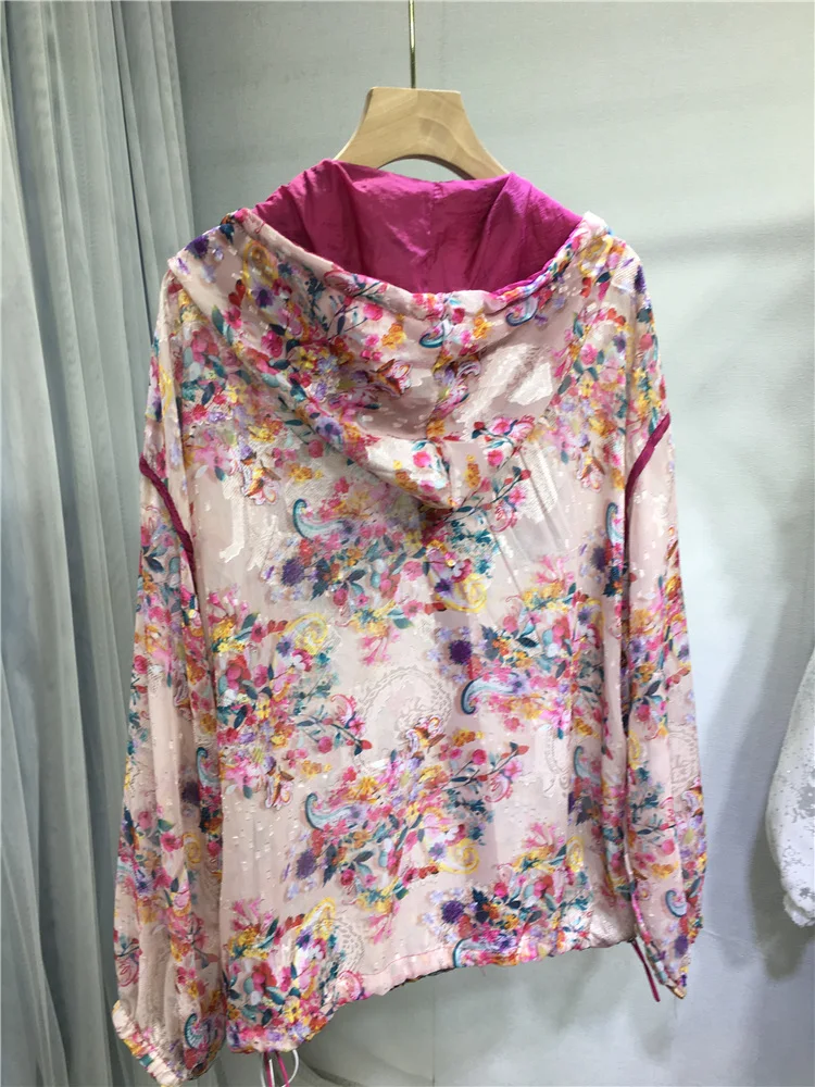 Women Zip Air Conditioning Top High Quality Hot Drill Floral Sunscreen Shirt Spring Summer Thin Hooded Cardigans Coat