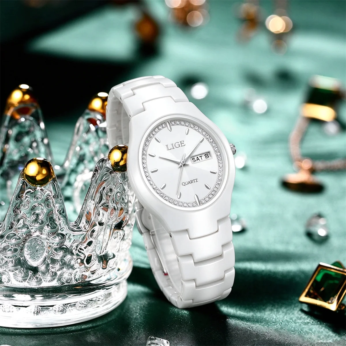 LIGE Top Brand Luxury Elegant Women Watch Ceramic Ladies Watch Waterproof Clock Week Calendar Fashion Quartz Relogios Masculino