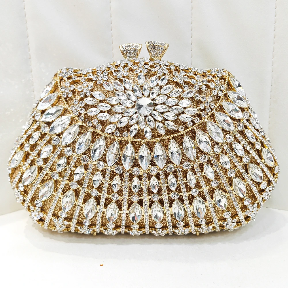 

Gold/White Clear Rhinestone Wedding Purses Crystal Bridal Cluches Luxury Women Diamond Handbags Female Minaudiere Clutch Bag