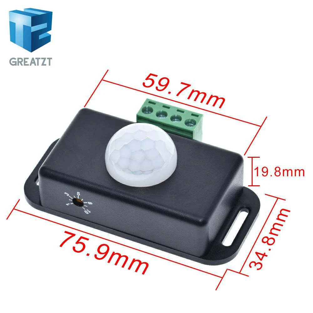 GREATZT DC 12V 24V 8A Automatic Adjust PIR Motion Sensor Switch IR Infrared Detector Light Switch Module for LED Strip Light Lam