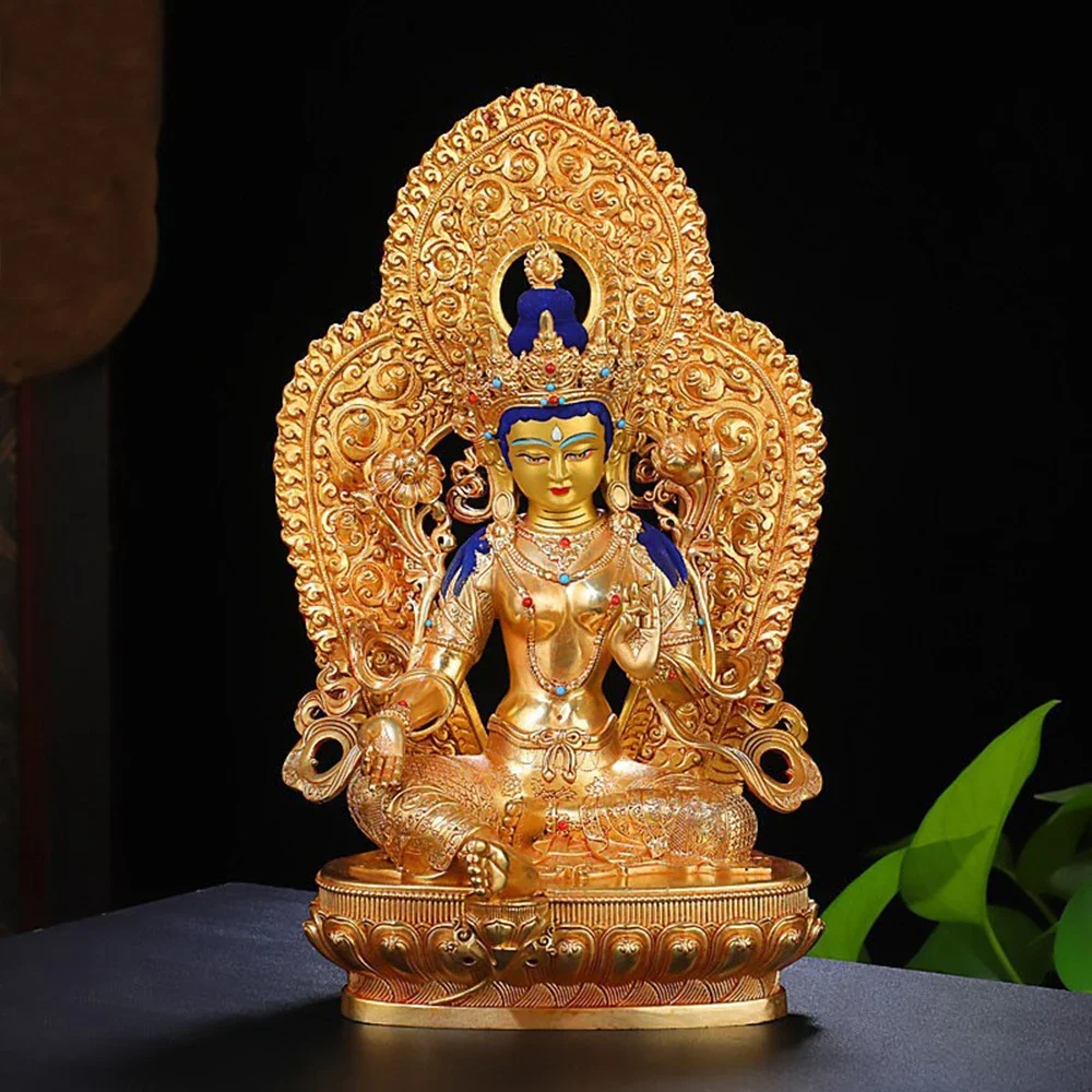 زخرفة تمثال بوذا تارا الأخضر المذهب بالنحاس، منحوتة أفالوكيتسفارا النحاسية، زخارف فنغ شوي الداخلية، ديكورات المنزل #3