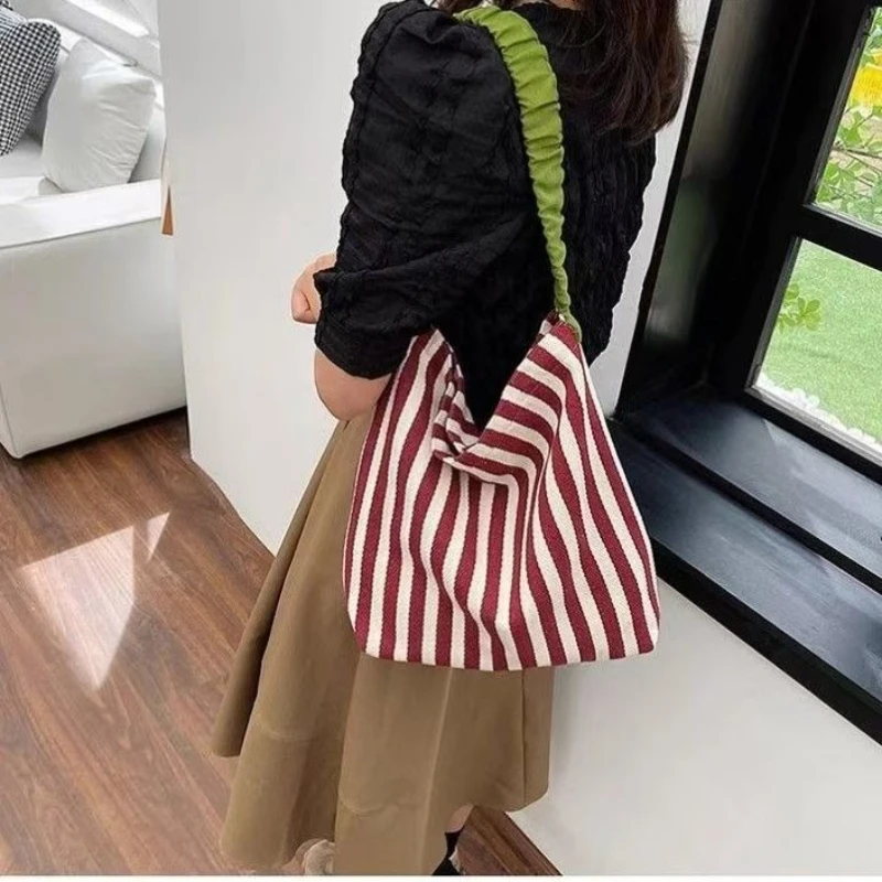 Custom Print Logo Contrast Stripe Bucket Bag Handbag Japanese Fashion Shoulder Art Environmentally Friendly Shopping Bags Women