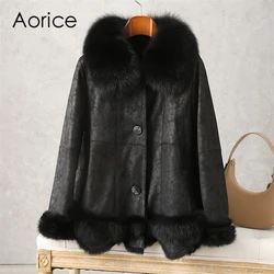 Aorice mulheres real coelho couro com casaco de pele jaqueta nova marca feminina inverno gola raposa trench parka ponch ct190